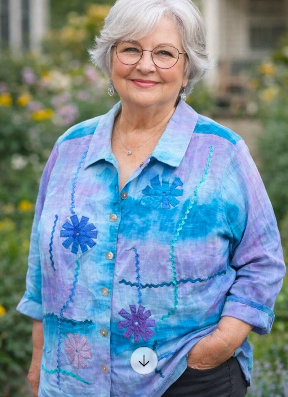 Indigo Moon Shirt Button Front Blue Ombré Purple Ribbon 2X NEW QVC